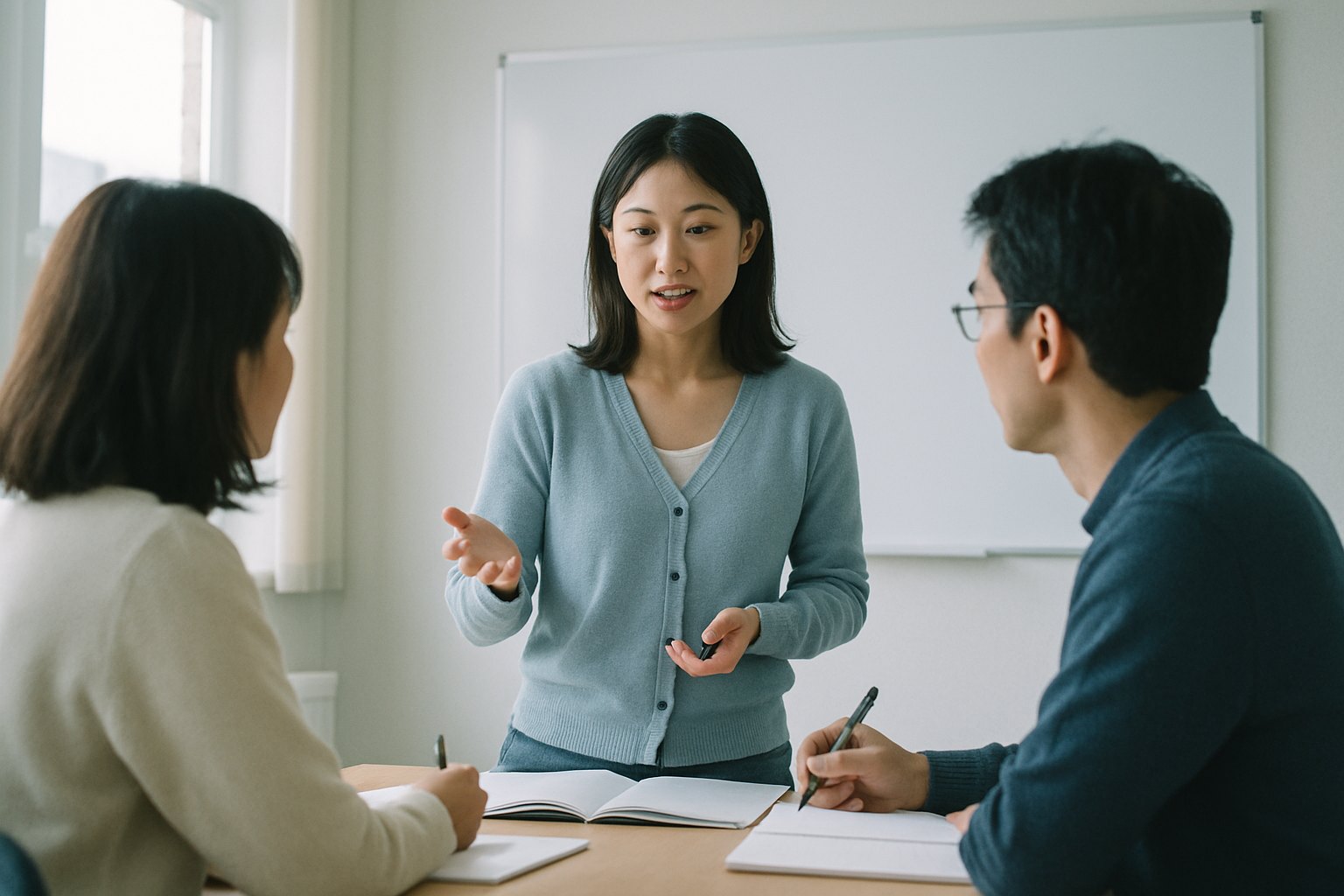 Asesores educativos conversando sobre necesidades de cursos con estudiantes