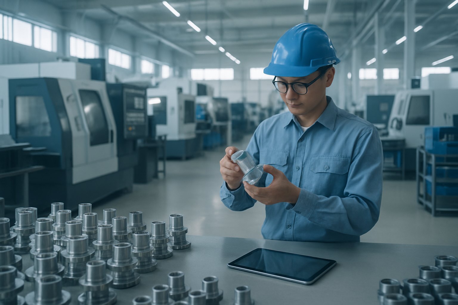 Personal de planta industrial revisando componentes